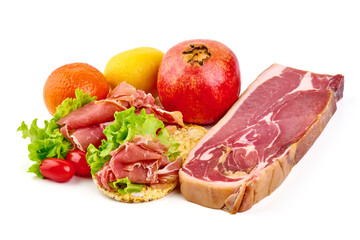 Italian prosciutto crudo or jamon. Raw ham. Isolated on white background.