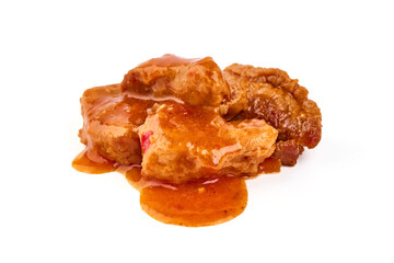Stew Meat, stewed pork goulash, isolated on white background.