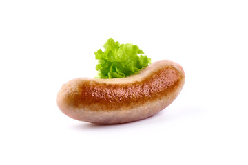 Grilled pork bangers, isolated on white background.