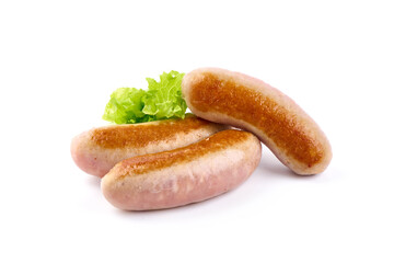 Grilled pork bangers, isolated on white background.
