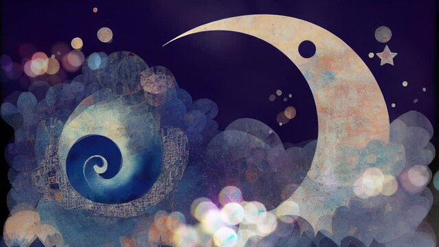 Animated crescent moon in mixed media style against a peaceful night sky background. Ideal for a tranquil, dreamy atmosphere peaceful spaces (image made with generative AI, AI)