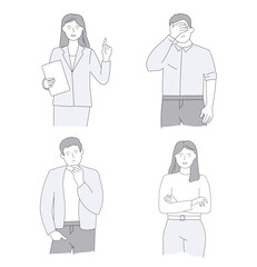 People think, make a choice, hold their head with their hand, express emotions. Gestures of men and women, students, manager. Vector graphics in linear style.
