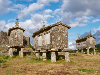 Lindoso Granaries or Espigueiros de Lindoso in Portugal. These narrow stone granaries have been used to store and dry out grain for hundreds of years. 