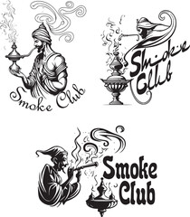 Collection of vector logos of smoking club with hookah and  the simbol of the spirit of the lamp of Aladdin - Genie