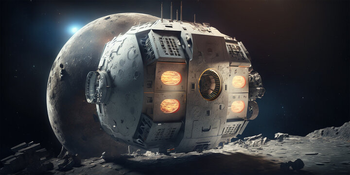 space station orbiting the Moon, ultra-detailed photography, cinematic, octane render, HDR, 8k