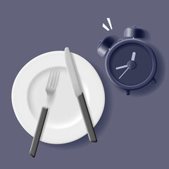 Alarm clock, white plate with knife and fork on dark background. Top view. Time to have breakfast. For advertising menu concepts of restaurants, cafes.