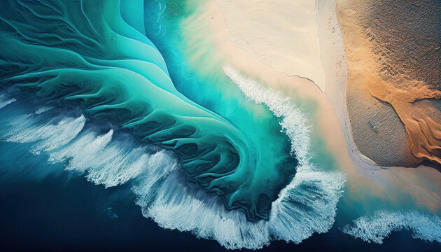 Die Welt von oben &ndash; Generative Luftaufnahme einer wundervollen Insel-Landschaft mit Meer, Sand, D&uuml;nen und Wellen, KI-generiert