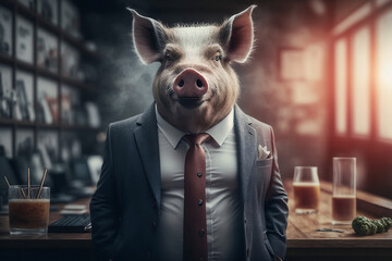 Portrait of a Pig Dressed in a Formal Business Suit at The Office, Boss Pig, Generative Ai