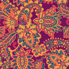 Floral seamless pattern with paisley ornament. Vector illustration in asian textile style