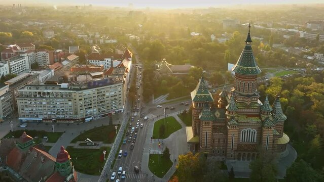 Aerial shot of Orthodox Cathedral and city center of Timisoara, Romania