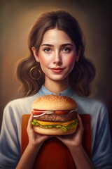 Young woman holding a burger looking at the camera. Generative AI