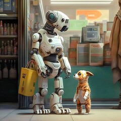 Fototapeta premium Robots in normal life. (Walking the dog)