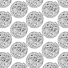 Seamless pizza pattern. Hand drawn pizza illustrations. Vector illustration.