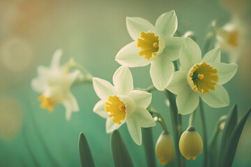 Naklejka na ściany i meble Spring Daffodil Background - Cheerful daffodils against a fresh green background - Generative AI technology
