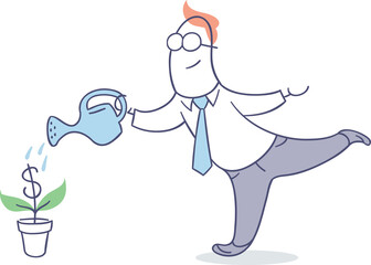 flat line character person figure of businessman watering money tree - PNG image with transparent background