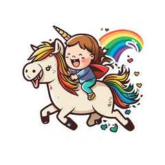 niña, unicornio, cartoon, dibujos animados, ilustración, diversión, niño, animal, chistoso, sonrisa, niña montada en unicornio, bebé, mujer, gente, png