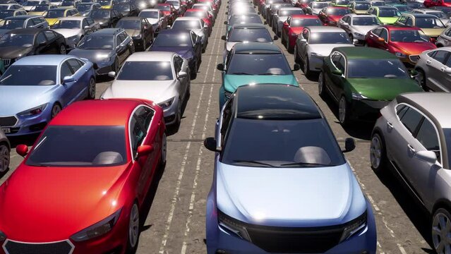 An aerial view over a used car lot full of unsold cars and vehicles.