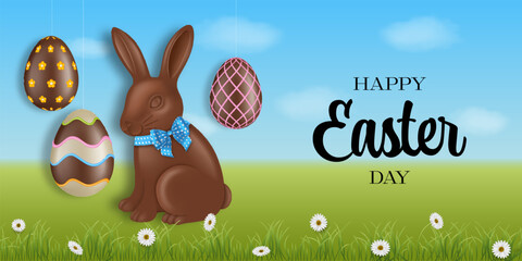 happy easter card. easter banner with chocolate eggs and rabbit on spring landscape
