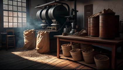 A coffee roastery with bags of coffee beans