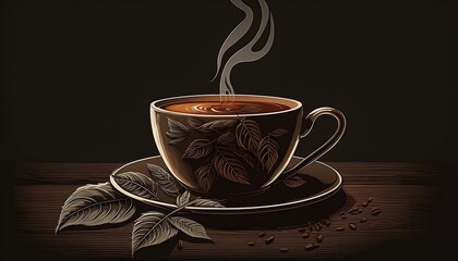 cup of coffee with steam decorated with leafs