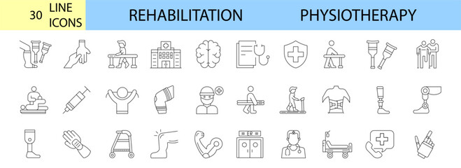 Fototapeta na wymiar Physiotherapy, rehabilitation, prosthetics line icons set. editable stroke Vector illustration