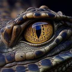 Fotobehang Eye of crocodile alligator framed by green scales close-up, eye of a animal reptilia macro © Dmitry