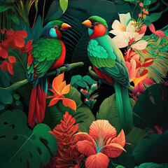 Obraz premium Forêt tropicale de Bali avec plusieurs oiseaux et fleurs colorés, plantes. Idéal pour les affiches, les papiers peints.