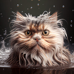 Wet cat sits in a bath in soapy foam with bubbles, pet fluffy cat bathing