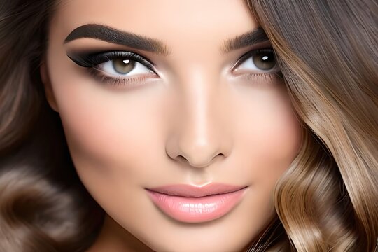 Portrait photo of a beautiful woman. Close Up. Fashion and cosmetics model posing. Perfect skin and hair.. Generative ai