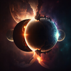 IMAGEN DESCRIPTIVA DEL CHOQUE Y DESTRUCCION DE DOS PLANETAS, CHOQUE DE LA TIERRA Y OTRO PLANETA. ILUSTRACION GENERADA CON IA
