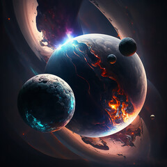IMAGEN DESCRIPTIVA DEL CHOQUE Y DESTRUCCION DE DOS PLANETAS, CHOQUE DE LA TIERRA Y OTRO PLANETA. ILUSTRACION GENERADA CON IA