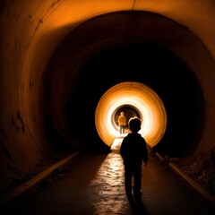silhouette of  a young boy in a tunnel	