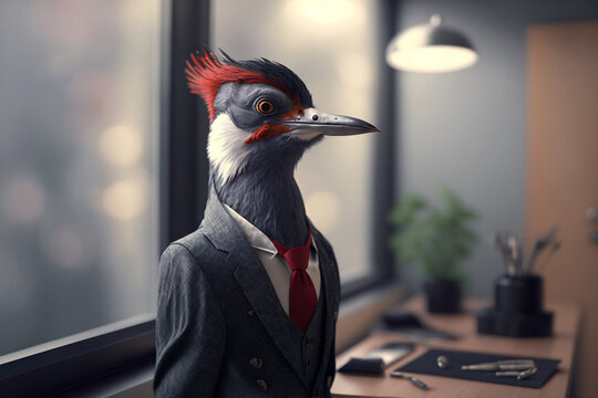 Portrait of a Woodpecker Dressed in a Formal Business Suit at The Office, Boss Woodpecker, Generative Ai