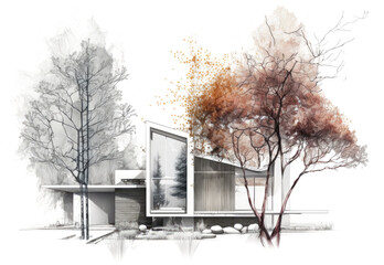 Entwurf eines fiktiven Gebäudes, Konzeptzeichnung Architektur, Skizze, generative KI