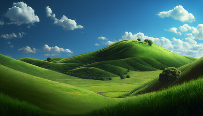 Green hills and a blue sky with clouds. generative AI - obrazy, fototapety, plakaty