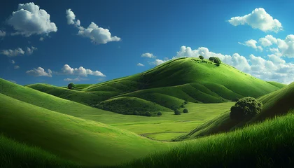 Fotobehang Green hills and a blue sky with clouds. generative AI © Kurosch