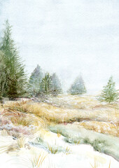 Evergreen trees in snow and mist winter watercolor illustration