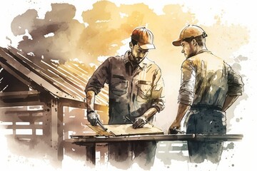 Two carpenters working together, building wooden house. AI Generative watercolor