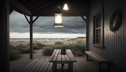 Wooden veranda with table and old electric lamp and candle. View of gloomy Baltic sea and dunes, AI Generative