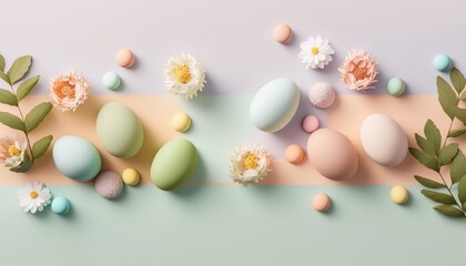 Fototapeta na wymiar Minimalist, modern Easter background with flowers and Easter eggs in pastel colors with lots of free space from above copy space