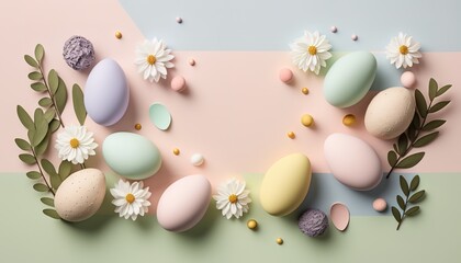 Naklejka na ściany i meble Minimalist, flowers modern Easter background with flowers and Easter eggs in pastel colors with lots of free space from above