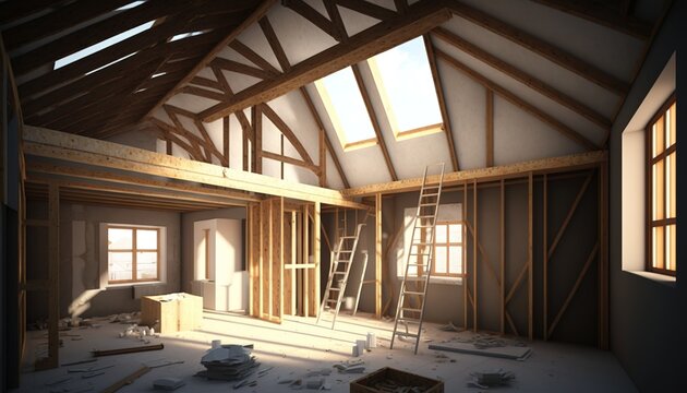 Construction Site Of Remodeling, Conversion Of Attic Or Loft In A House