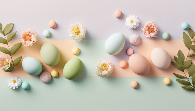 Minimalist, modern Easter background with flowers and Easter eggs in pastel colors with lots of free space from above copy space