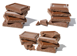 A stack of broken milk chocolate on a white isolated background, square pieces