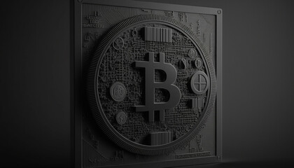 Matte Black Bitcoin 3D Coin and Blockchain Images on Matte Black Background with Crypto and Digital Currency. Three Dimensional Bitcoins and Bitcoin Blocks with Depth. High Quality Digital Renders. 