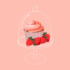 Cartoon birthday cupcake with strawberry on cake stand for celebration design. Colorful cartoon vector illustration. Sweet holiday food.