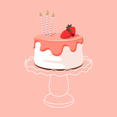 Cartoon birthday white cheese cake with pink icing, strawberry and candles on white empty stand for celebration design. Colorful cartoon vector illustration. Sweet holiday food.