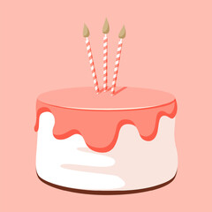 Cartoon birthday white cheese cake with pink icing and candles on pink background for celebration design. Colorful cartoon vector illustration. Sweet holiday food. - 570429513