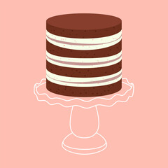 Cartoon birthday chocolate brownie cake on white empty stand for celebration design. Colorful cartoon vector illustration. Sweet holiday food.