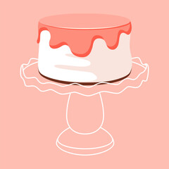 Cartoon birthday white cheese cake with pink icing on white empty stand for celebration design. Colorful cartoon vector illustration. Sweet holiday food.